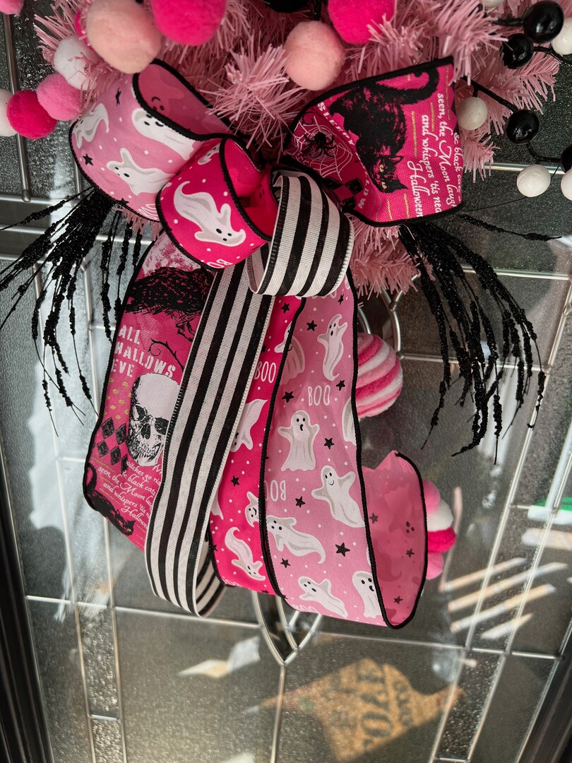 Pink Halloween Swag Wreath For Front Door, With BOO Sign Pink Halloween Swag Wreath For Front Door, With BOO Sign